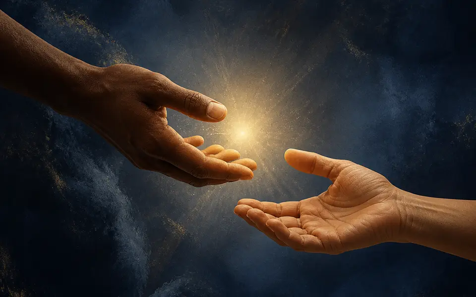 Two hands reaching toward one another in care