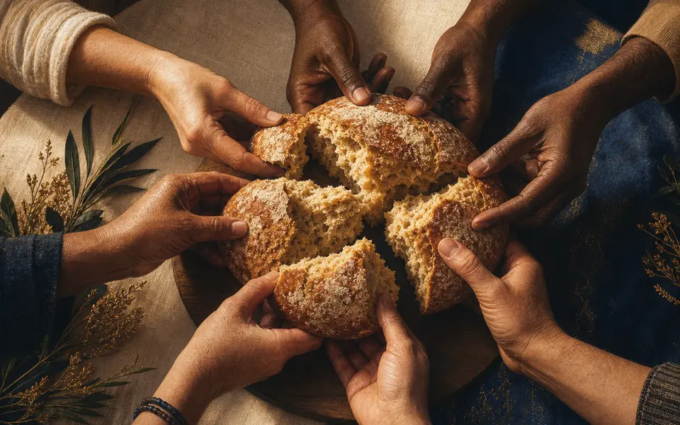 A diverse group of hands breaking bread together