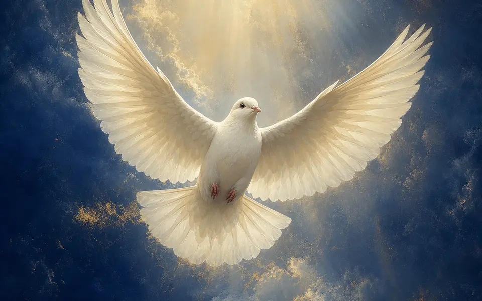 A white dove in flight through warm golden light