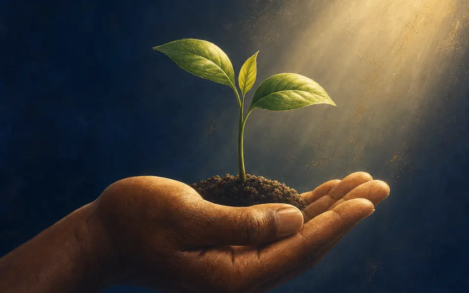 A hand nurturing a young green plant