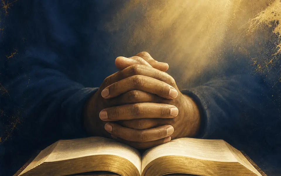 Hands clasped in prayer above an open Bible