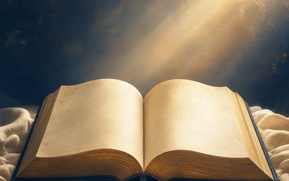 An open Bible illuminated by warm golden light